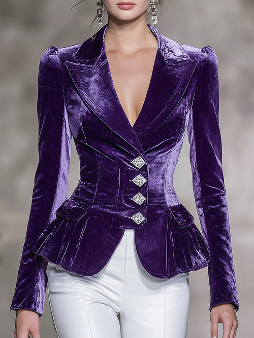 Élégant Blazer en Velours Violet Orné de Boutons en Diamant