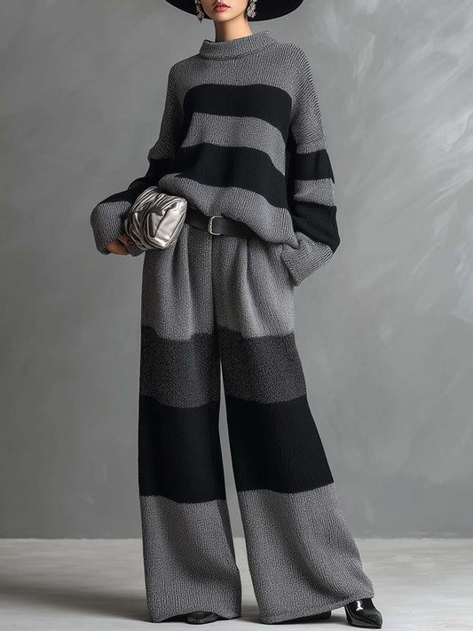 Ensemble Élégant en Tricot Rayé Gris avec Pantalons à Jambes Larges - Chic et Confortable