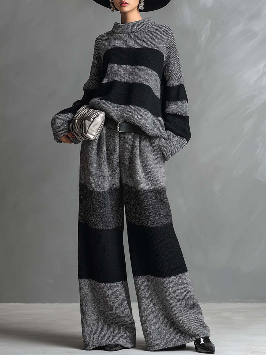 Ensemble Élégant en Tricot Rayé Gris avec Pantalon à Jambes Larges - Chic et Confortable
