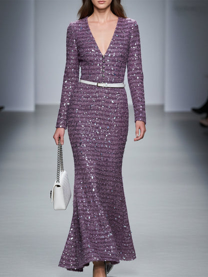 Maxi Robe Fishtail en Velours Violet Pailleté