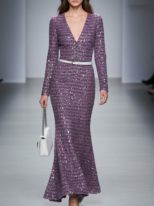 Maxi Robe Fishtail en Velours Violet Pailleté