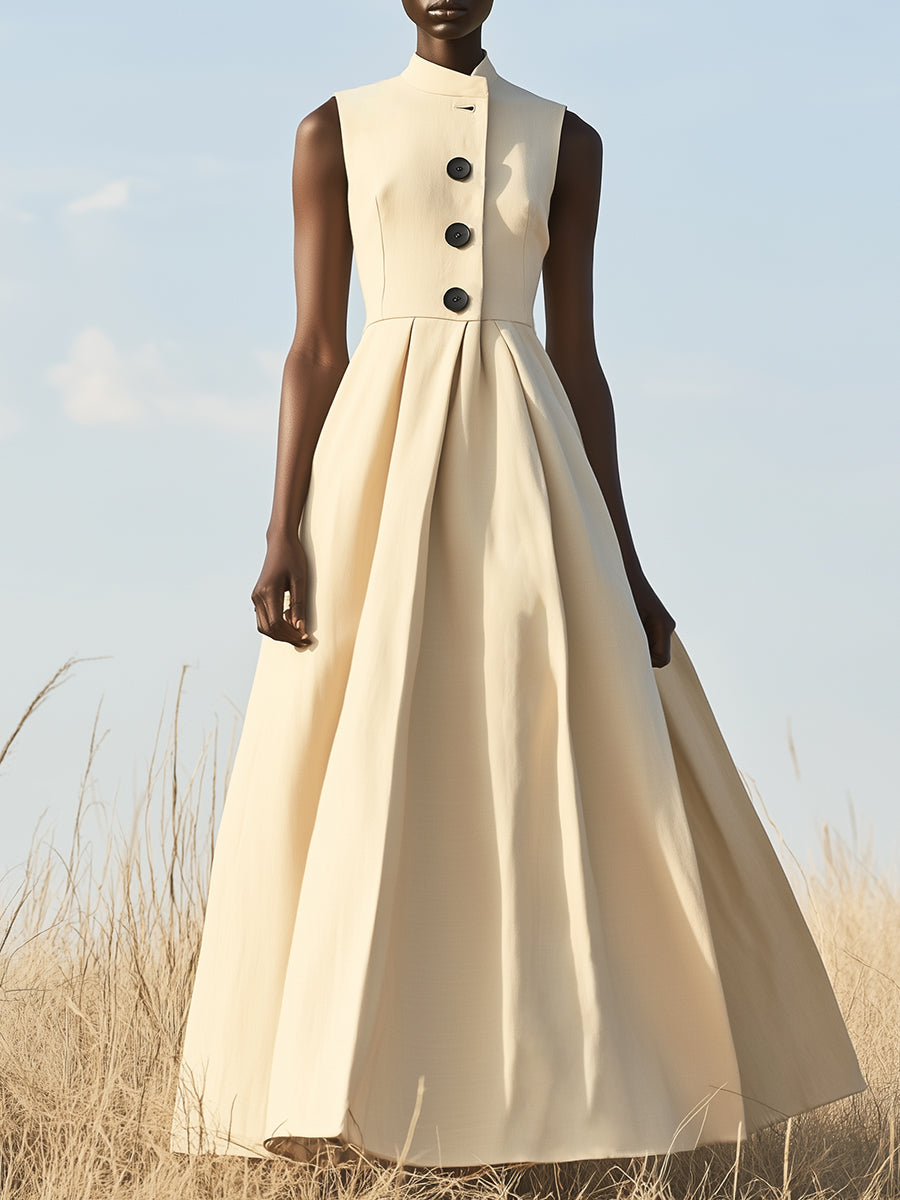 Robe Maxi Élégante Sans Manches avec Col Montant Noir - Expédition en 24 Heures