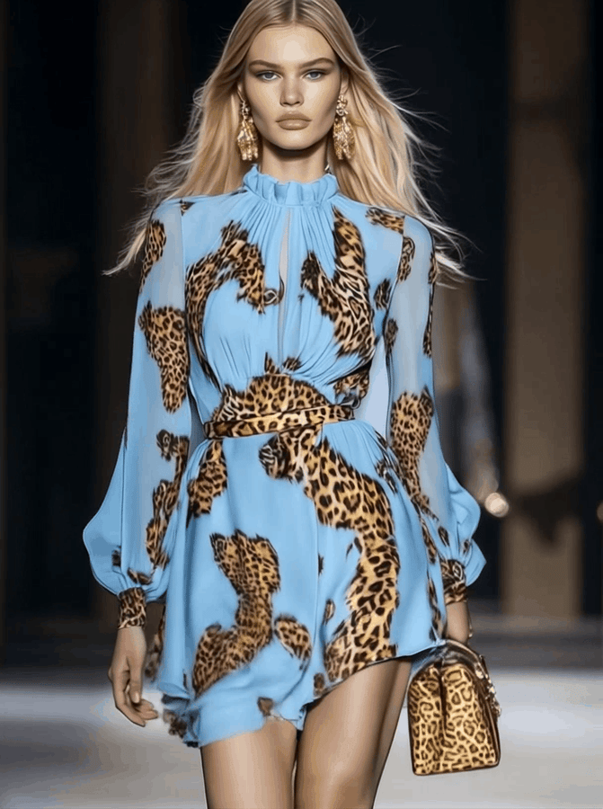 Élégante Robe Mini en Chiffon Bleu Ciel à Imprimé Léopard