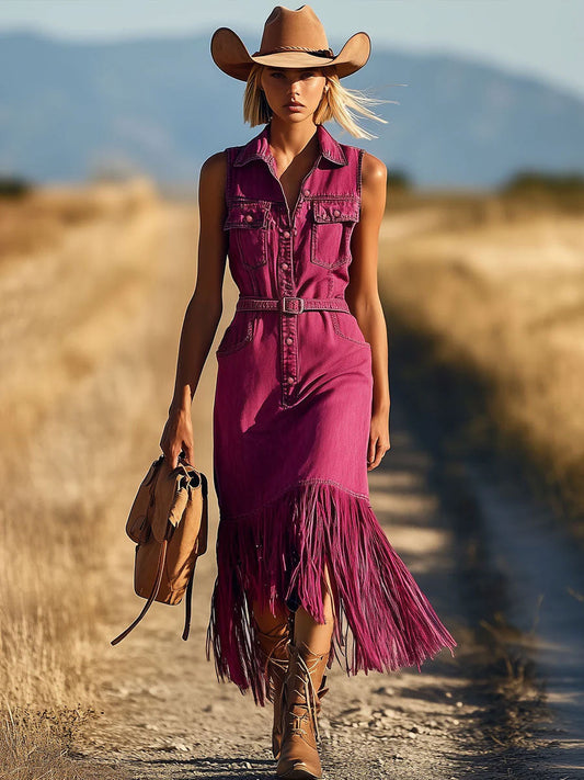 Robe Midi Sans Manches en Denim Fuchsia Rétro : Franges et Lacets - Expédition en 24 Heures !