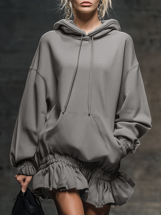 Robe Mini Sweat Grise à Capuche avec Ourlet Élastique - Élégance Décontractée et Tendance