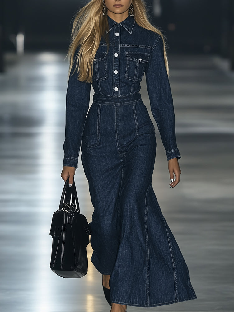 Robe Maxi Vintage en Denim à Lacets - Manches Longues, Style Slim Décontracté - Expédition Rapide sous 24 Heures