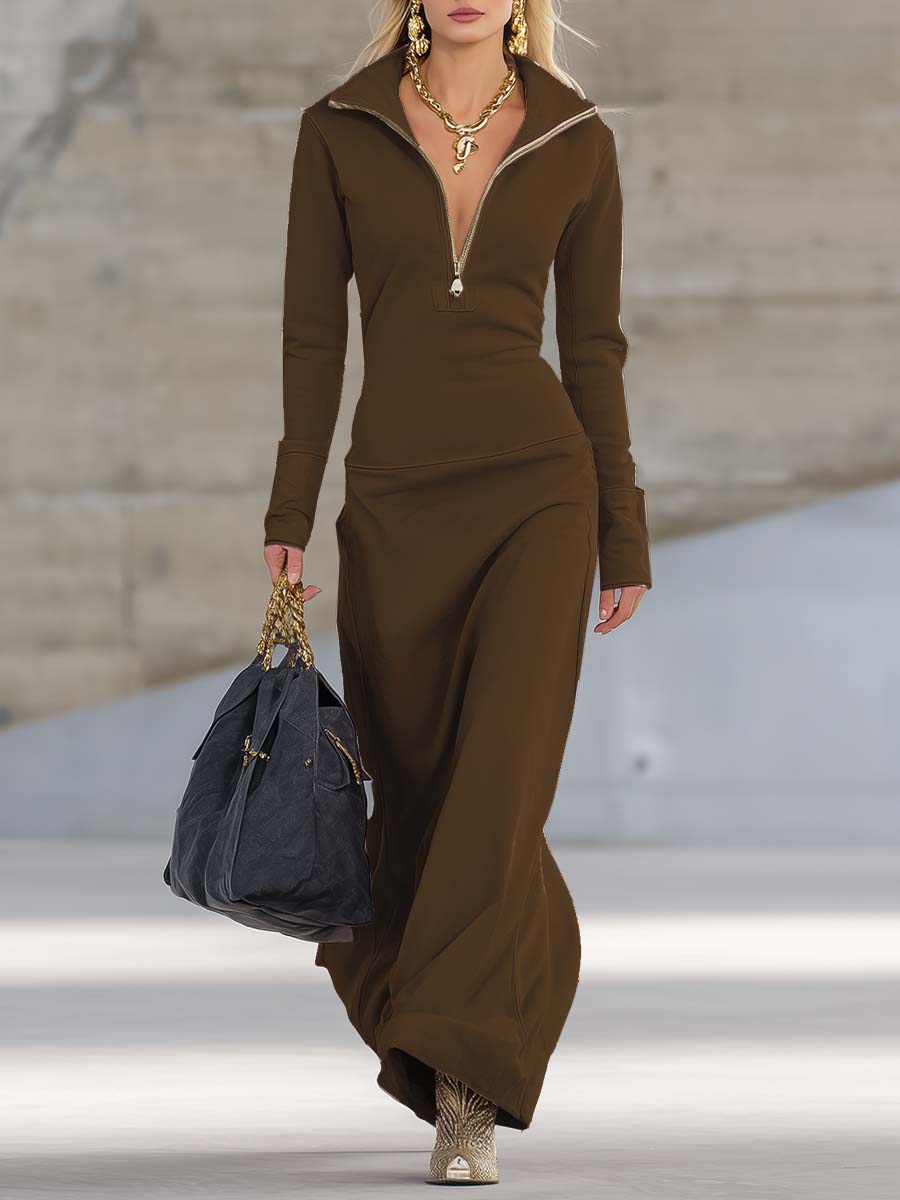 Robe Maxi Élégante Rose Rétro Sportive à Col V avec Fermeture Éclair et Manches Longues