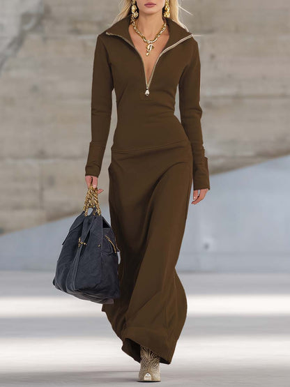 Robe Maxi Élégante Rose Rétro Sportive à Col V avec Fermeture Éclair et Manches Longues