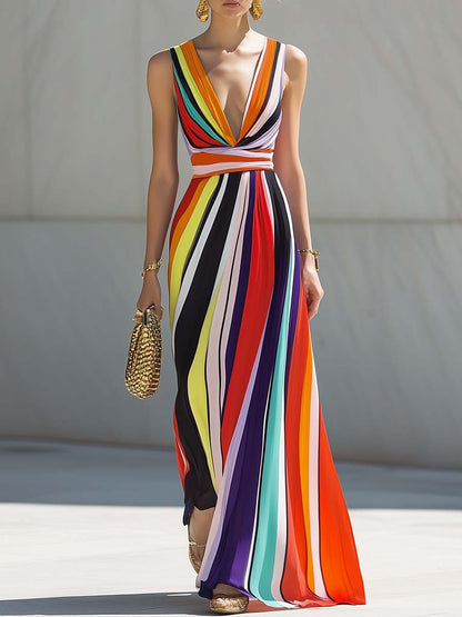 Robe Maxi Chiffon à Rayures Arc-en-Ciel avec Décolleté en V - Expédition Rapide en 24 Heures