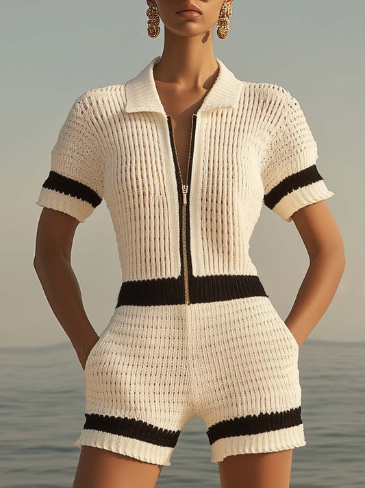 Combinaison Tricot à Manches Courtes avec Zip Avant - Élégante, Respirante et Prête à Expédier en 24h !