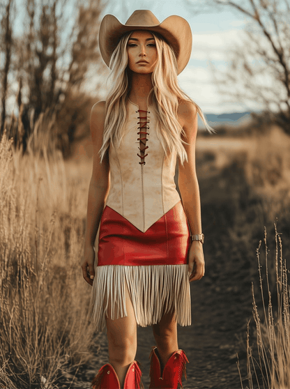 Expédition Rapide en 24h : Robe Mini Élégante Sans Manches au Style Rétro Western avec Franges Contrastées