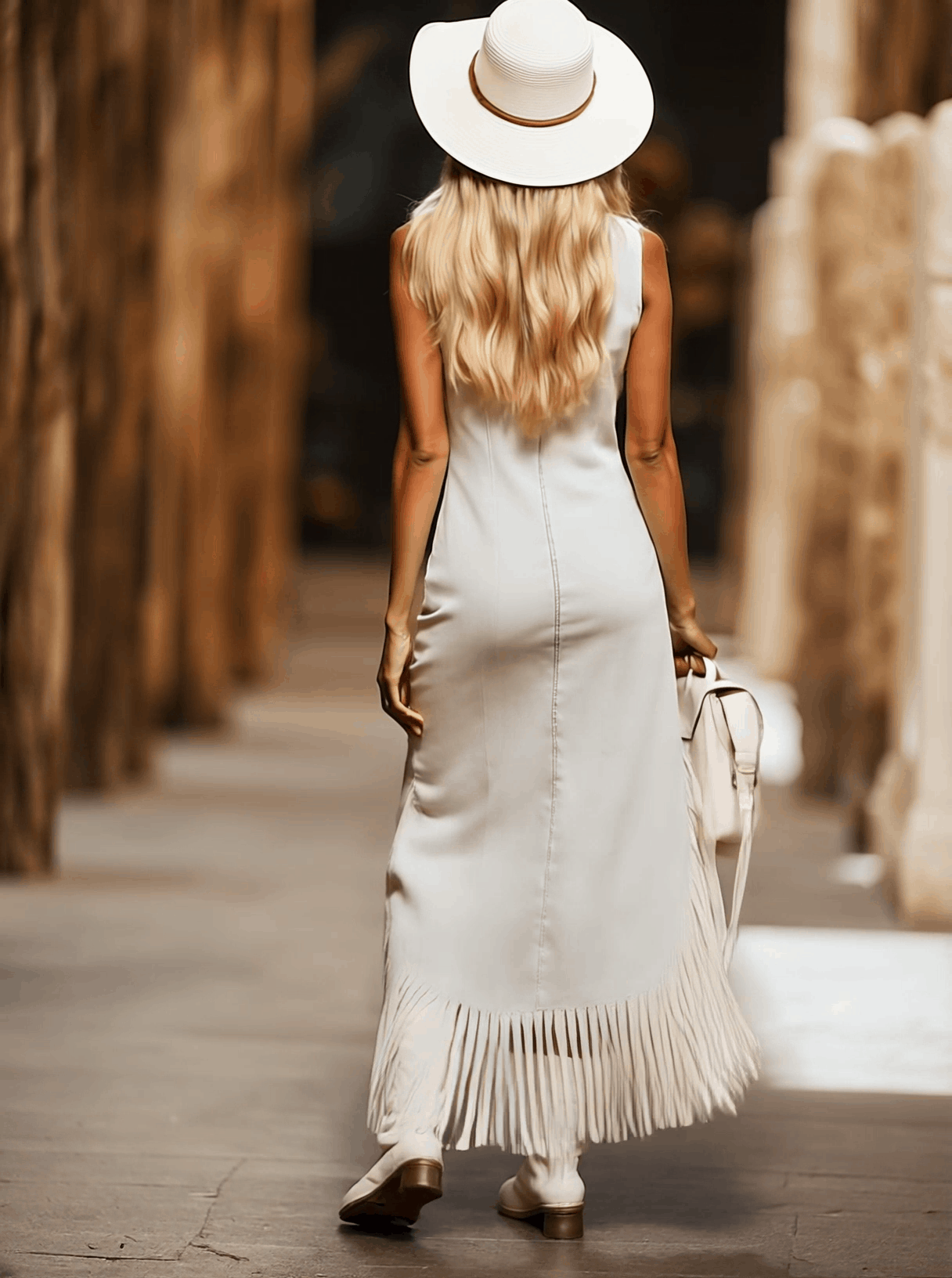 Robe Midi Sans Manches en Denim Blanc Vintage avec Broderie Marron - Expédition Rapide en 24 Heures