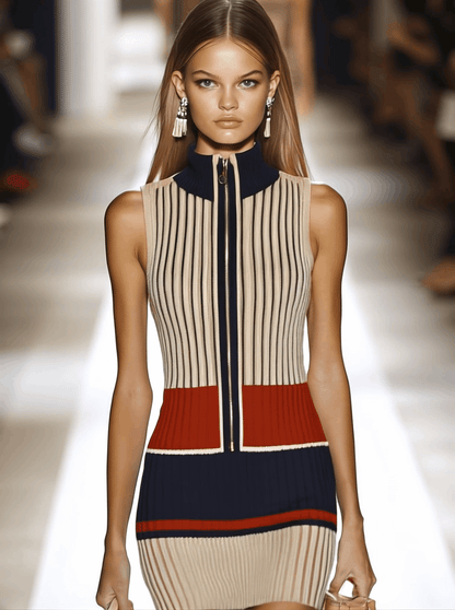Robe Mini Tricot Sans Manches à Rayures Contrastées - Style Rétro Décontracté, Expédition Rapide sous 24h
