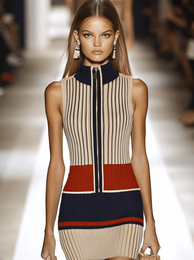 Robe Mini Sans Manches en Tricot à Rayures Contrastées - Style Rétro Chic, Expédition Rapide sous 24h!
