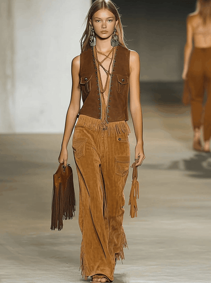 【Expédition en 24h】Pantalons Vintage en Suède Caramel avec Rivets et Franges
