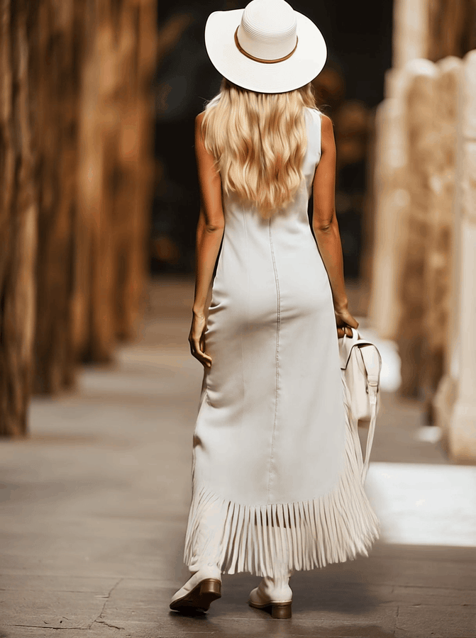 Robe Midi Sans Manches en Denim Blanc avec Broderie Marron Vintage - Expédition Rapide en 24 Heures