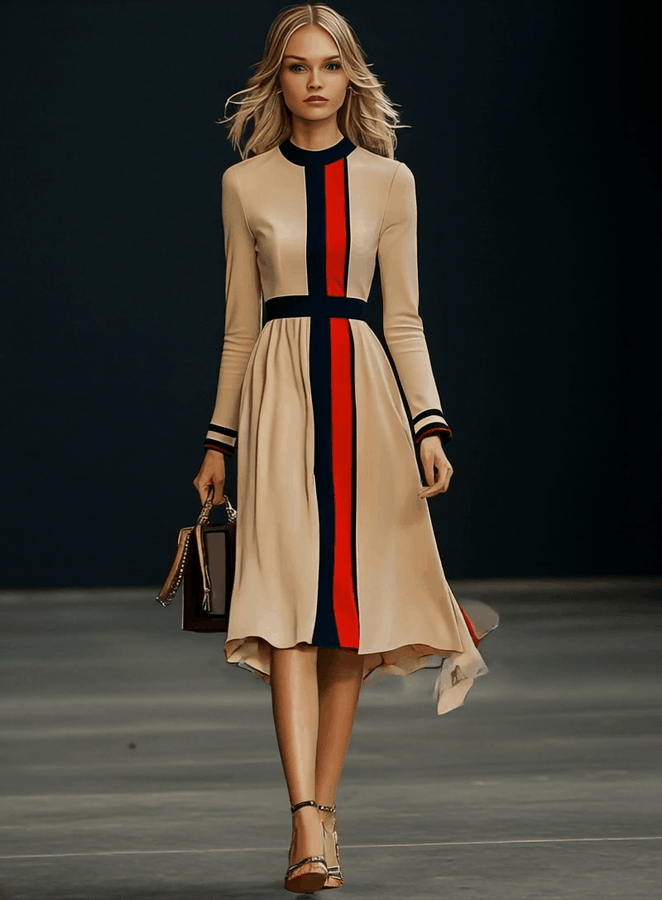 Robe Midi Élégante à Manches Longues en Colorblock - Expédition Rapide en 24 Heures