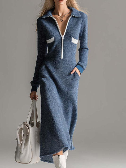 Robe Maxi Casual Bleue en Fleece Polaire Léger à Col V - Confort et Élégance