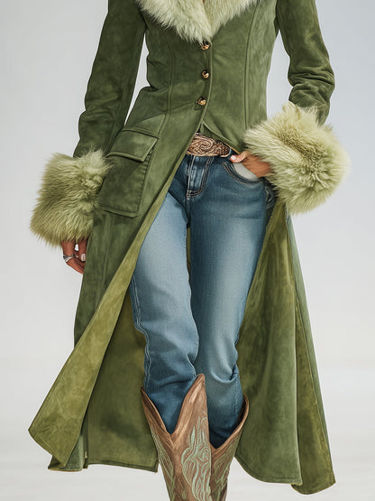 Veste en Suède Synthétique Vert avec Col en Fausse Fourrure au Style Vintage
