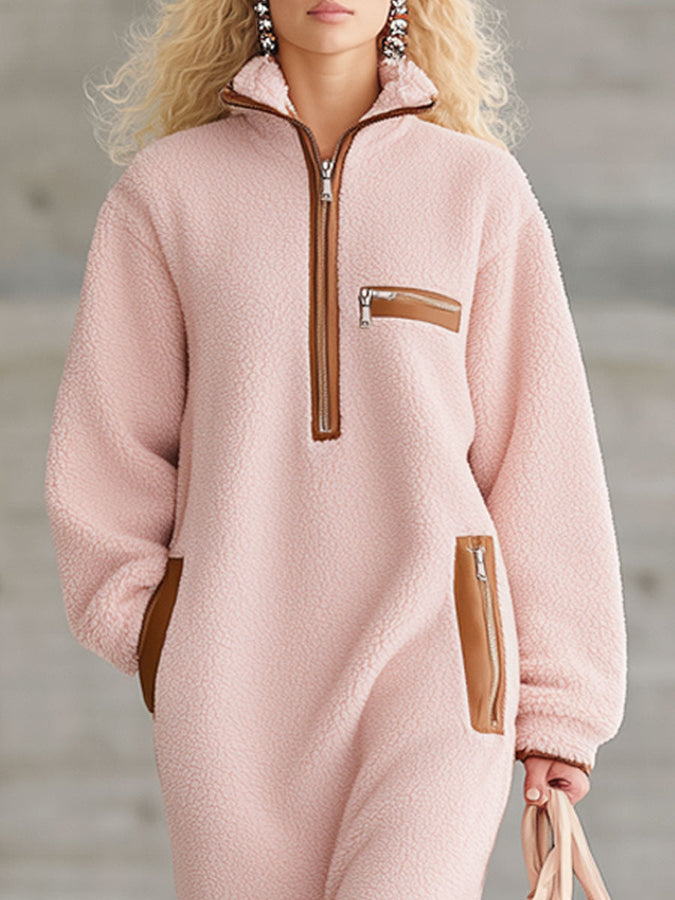 Robe Midi Polaire Rose avec Zip Demi en PU Marron - Style Rétro Western