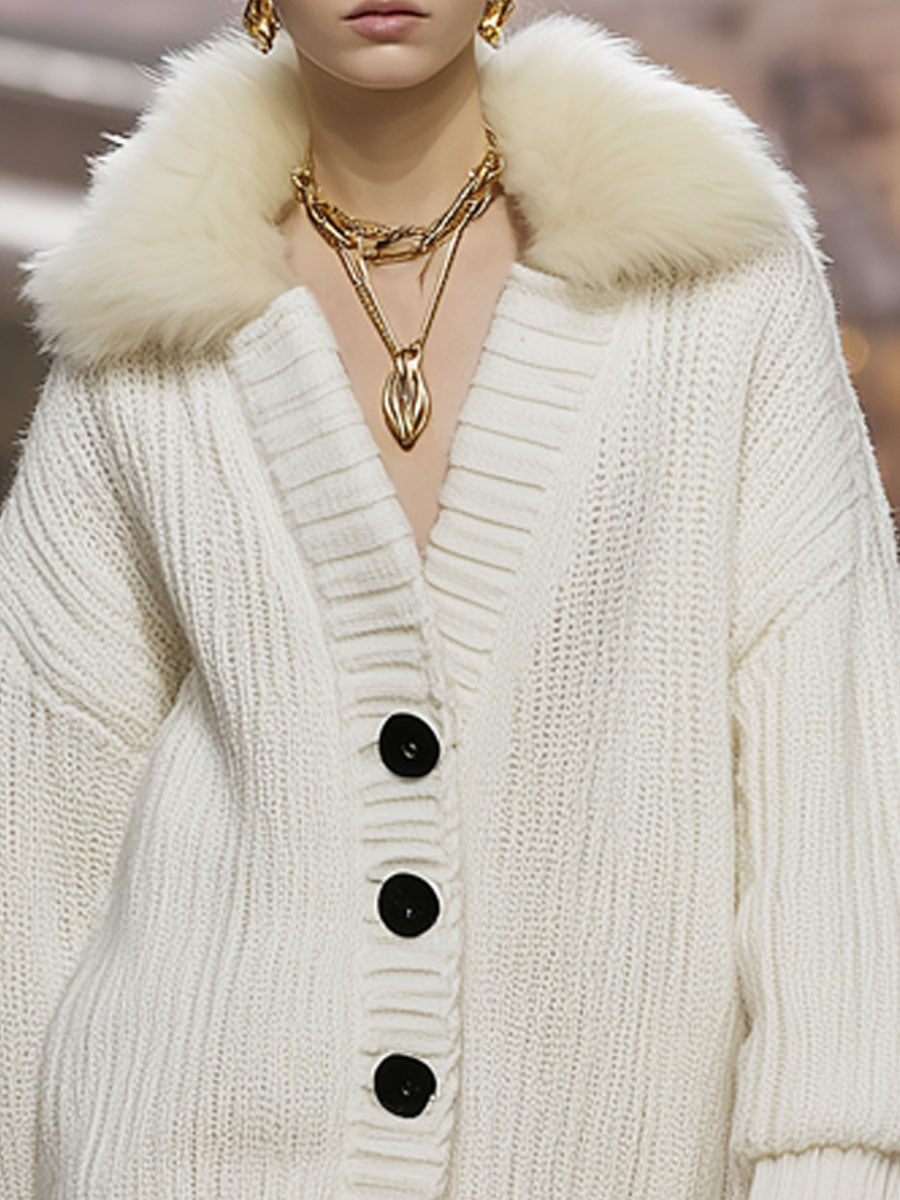 Mi-Long Cardigan Tricoté avec Col en Fausse Fourrure