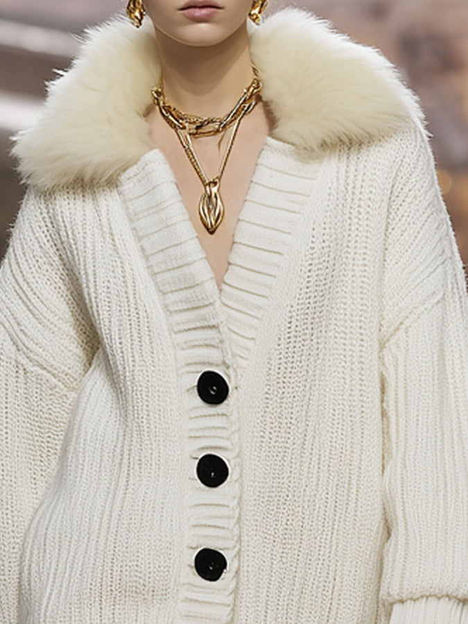 Mi-Long Cardigan Tricoté avec Col en Fausse Fourrure Luxueux
