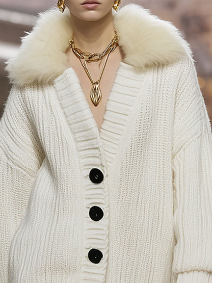 Mi-Long Cardigan en Tricot avec Col en Fourrure Synthétique