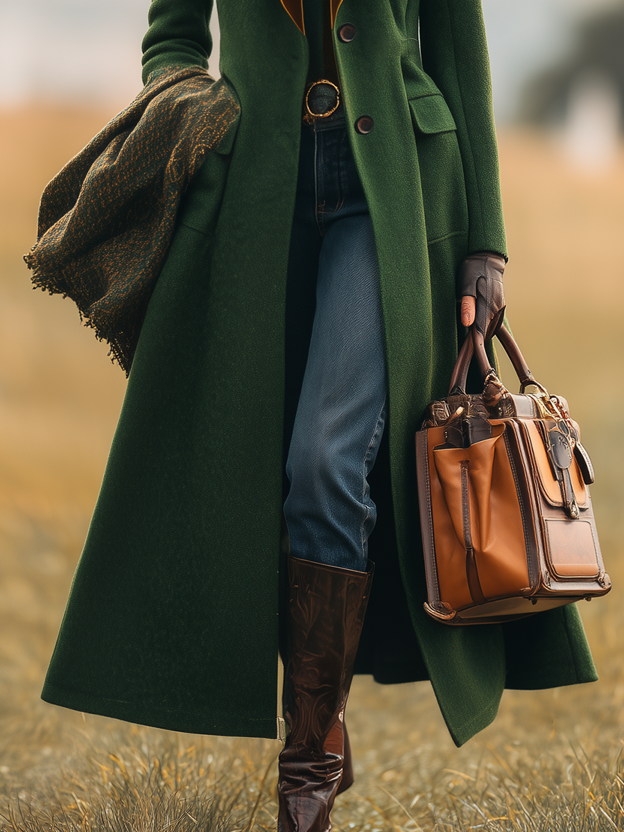Chic Manteau Long en Laine avec Revers Contrastés au Style Rétro