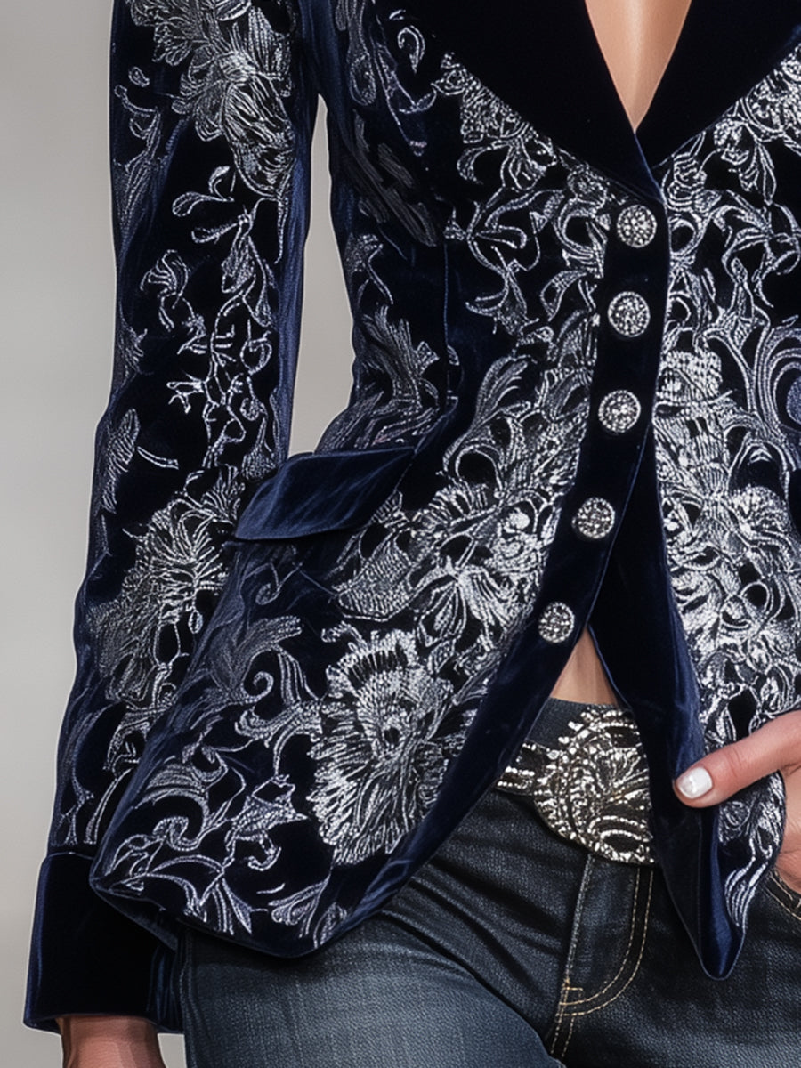 Blazer Boutonné en Velours Bleu Texturé Argenté