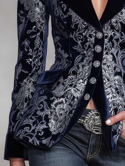 Blazer Boutonné en Velours Bleu Texturé Argenté