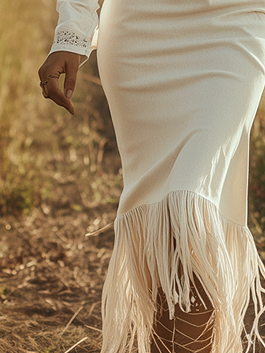 Robe Maxi Western Vintage en Faux Denim Écru avec Franges et Demi-Zip - Manches Longues