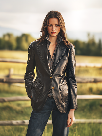 Élégant Blazer Western Rétro en Faux Cuir avec Multiples Poches