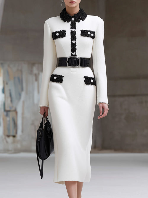 Robe Midi Chic en Tweed Blanc avec Finitions en Ruban Noir au Col Rond