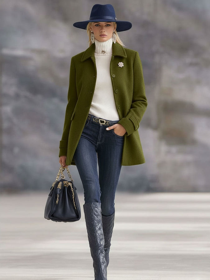 Veste Décontractée en Laine Olive Rétro