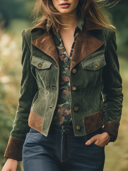 Veste Rétro en Faux Suède avec Coutures Contrastées