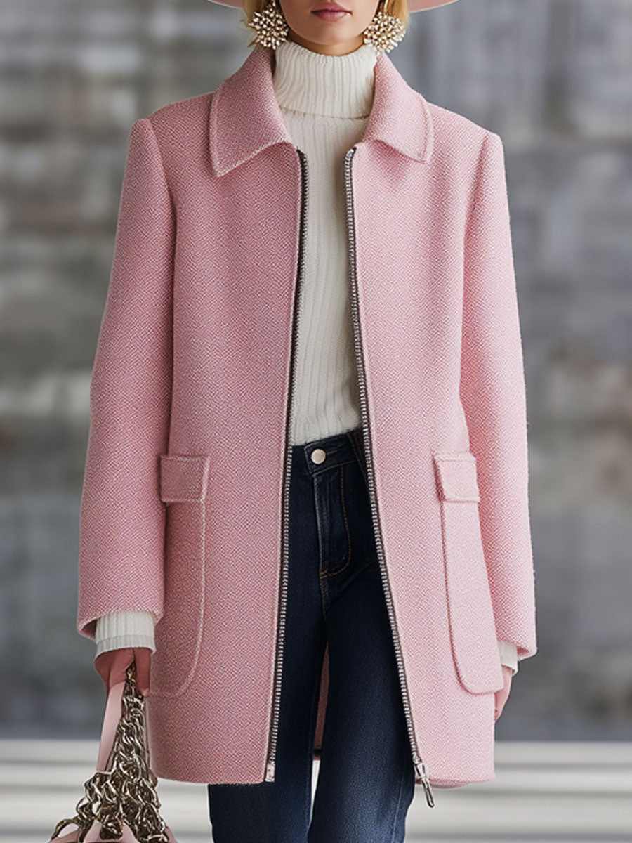 Veste en laine rose rétro à zip avec poches pratiques