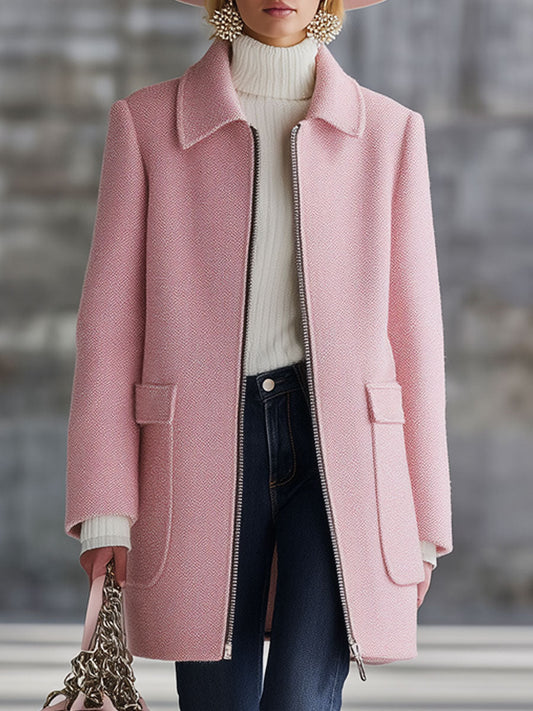 Veste en laine rose rétro à zip avec poches pratiques