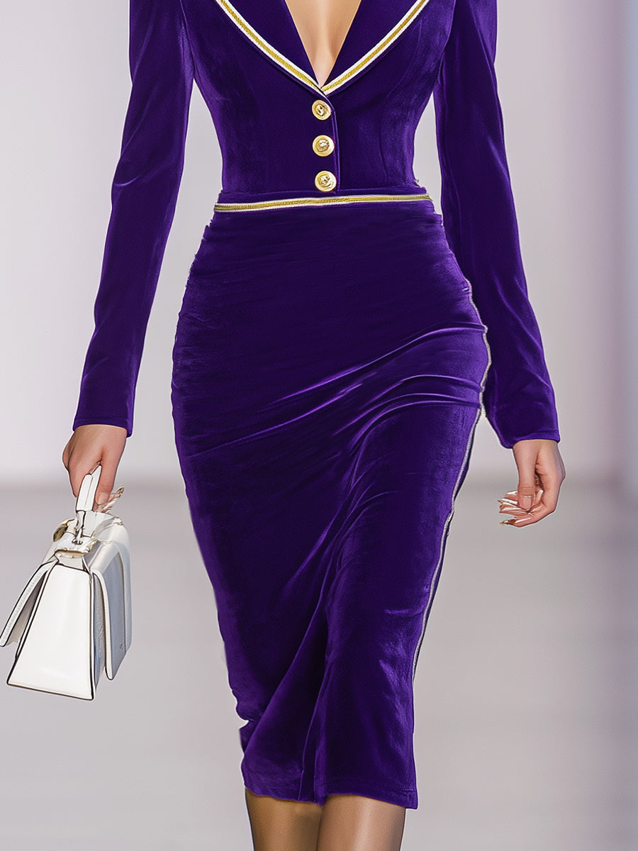 Robe Midi en Velours Violet avec Détails en Ruban Doré : Élégance et Chic
