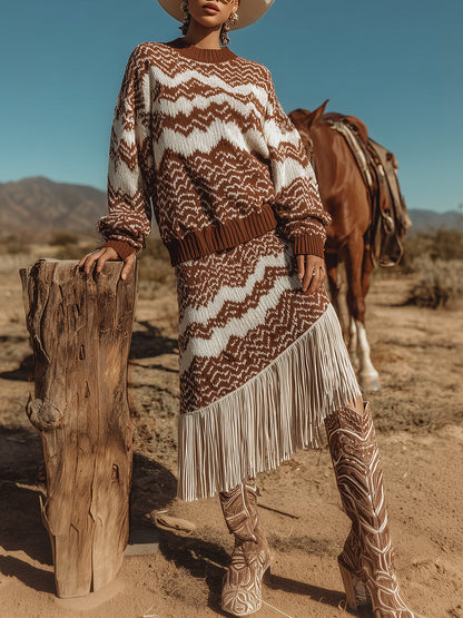 Ensemble Western Rétro : Pull Zigzag et Jupe Frangée
