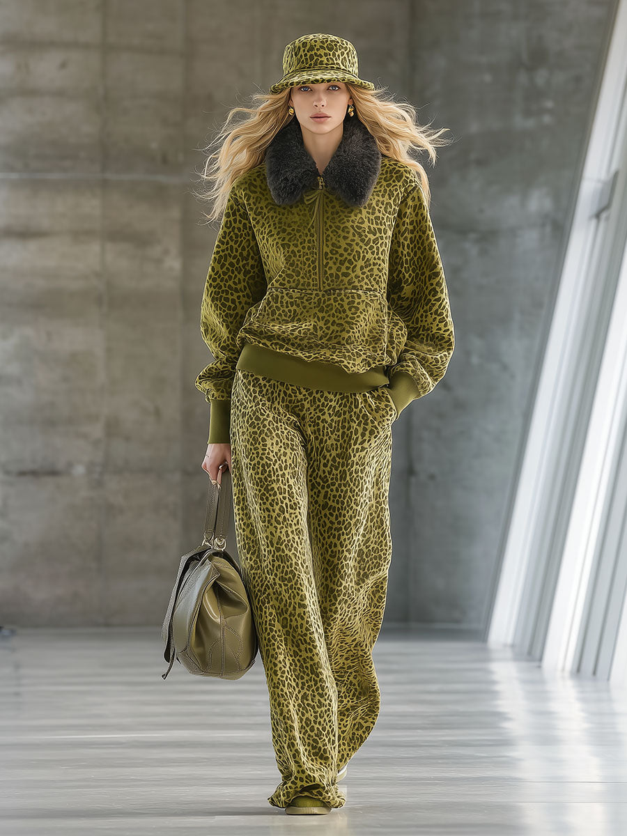 Ensemble Luxe : Sweat à Col en Fausse Fourrure et Pantalon Large Imprimé Léopard