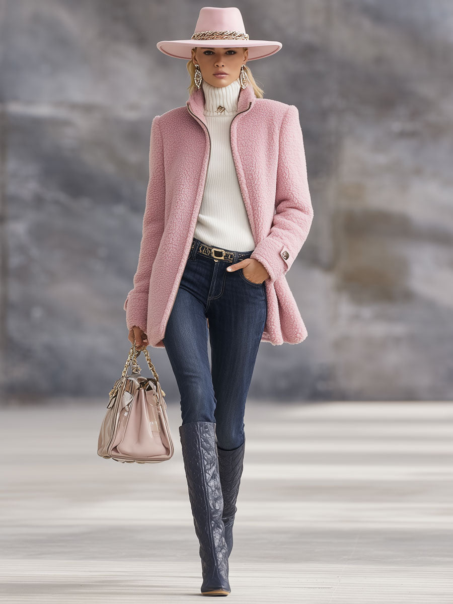 Veste Décontractée en Polaire Rose Vintage avec Zip