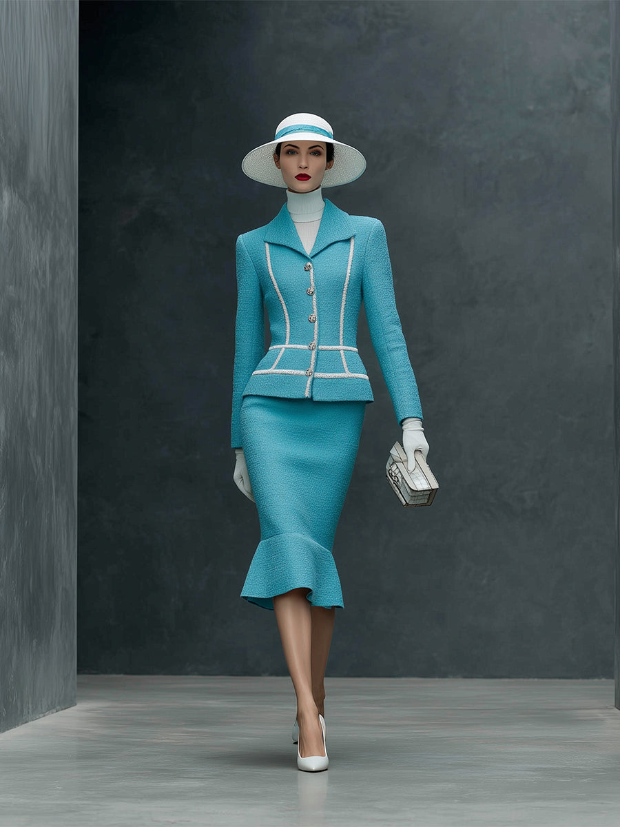 Ensemble Élégant : Veste et Jupe en Tweed Bleu avec Détails en Sangle Blanche