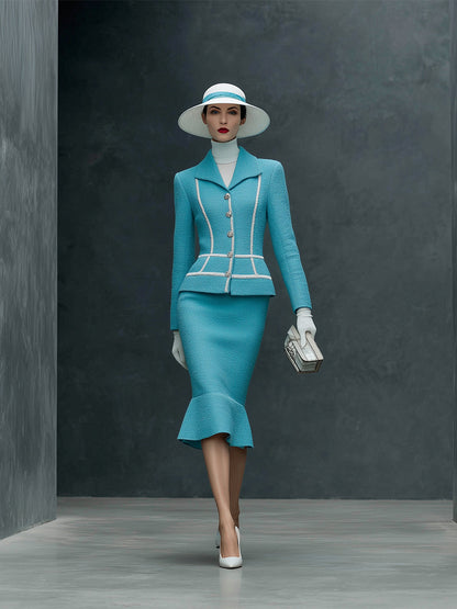 Ensemble Élégant : Veste et Jupe en Tweed Bleu avec Détails en Sangle Blanche