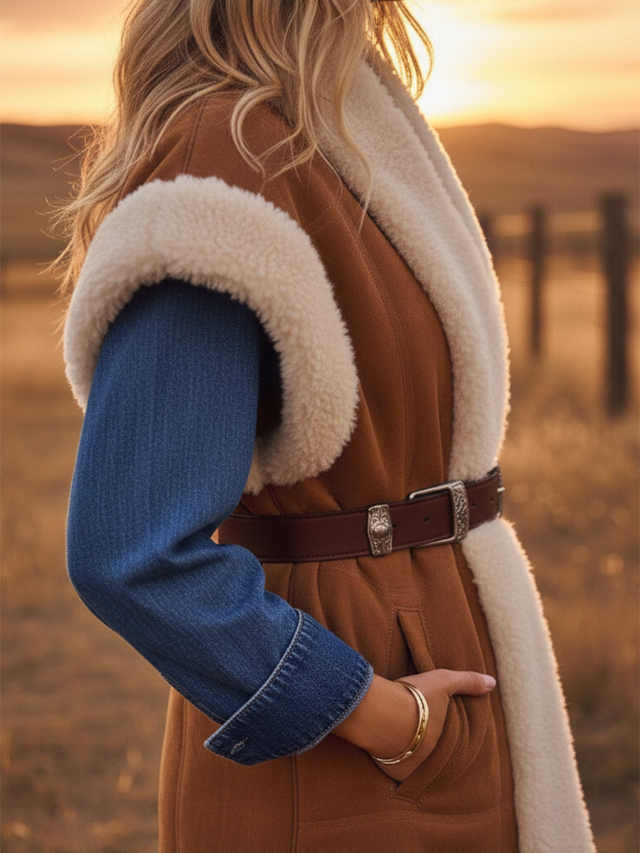Veste en Velours Synthétique Brun au Style Western Rétro