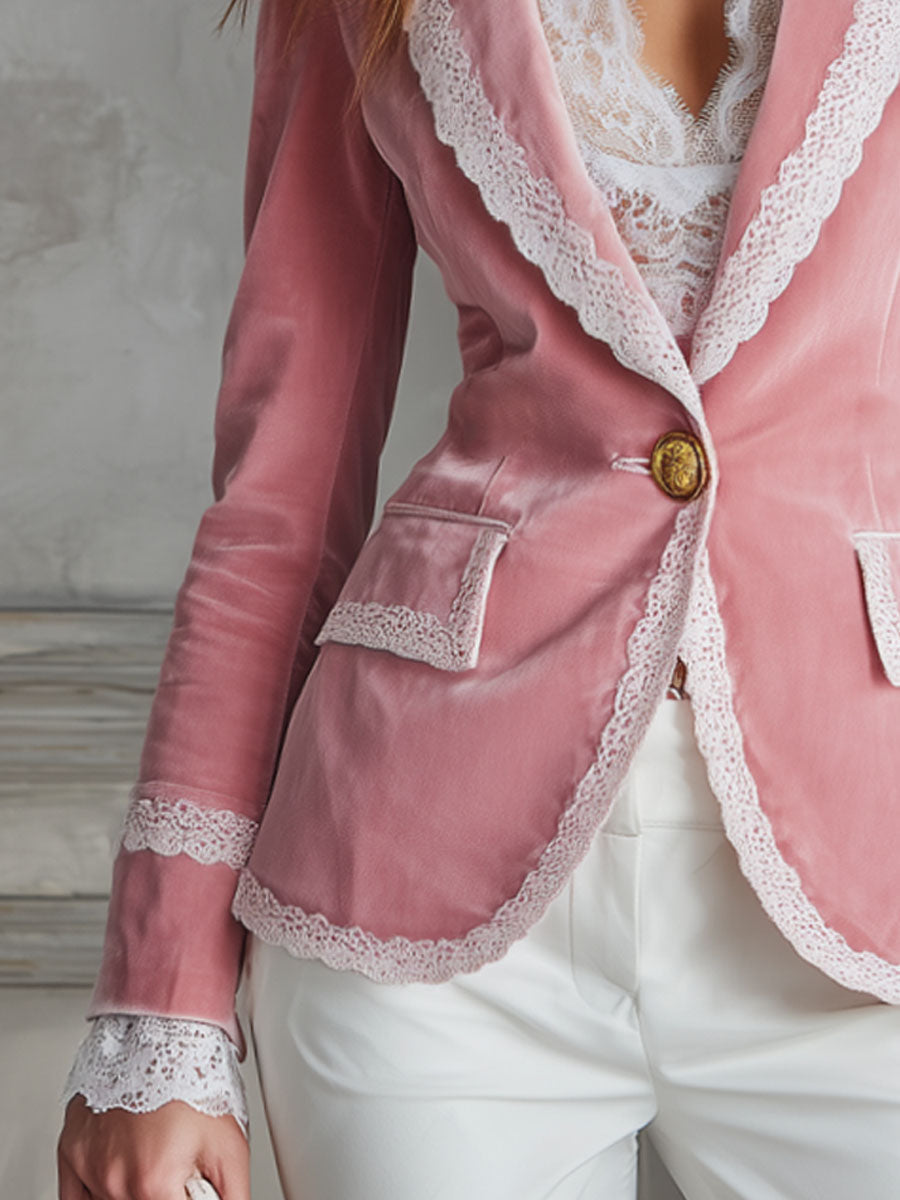 Veste Casual en Velours à Bouton Unique avec Revers