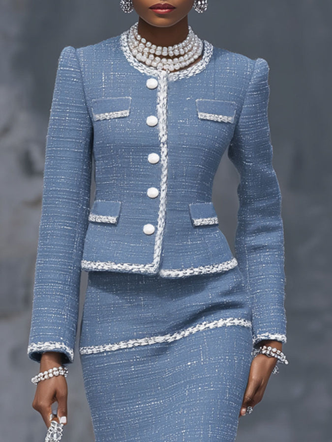 Ensemble Chic en Tweed : Veste et Jupe à Boutonnage Simple