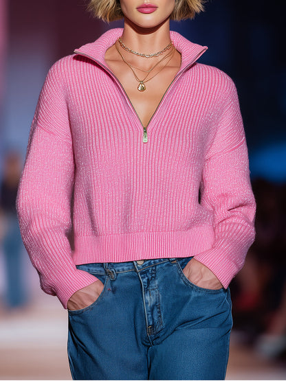 Pull Rose à Demi-Zip : Élégance et Confort