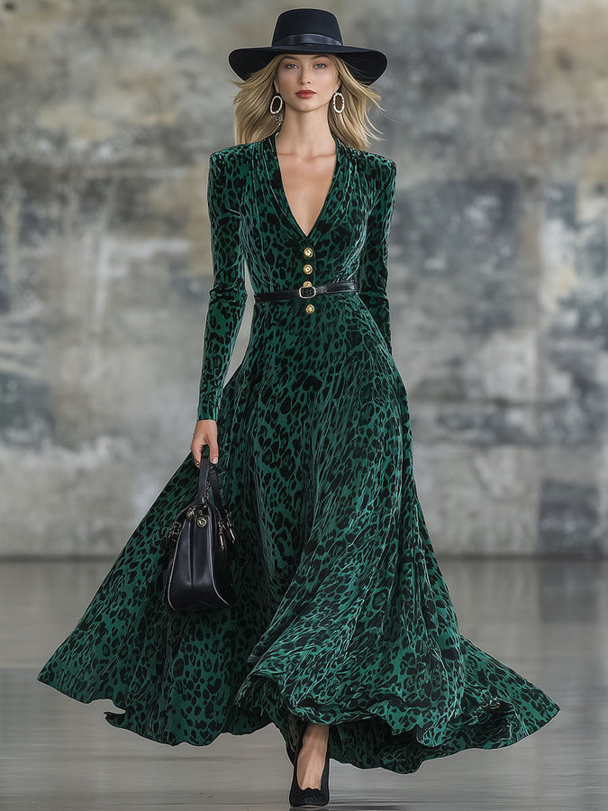 Robe Maxi Élégante en Velours Léopard Vert au Style Rétro