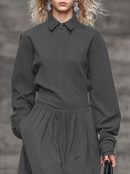Robe Maxi Grise Sportive à Col Volant pour un Style Décontracté