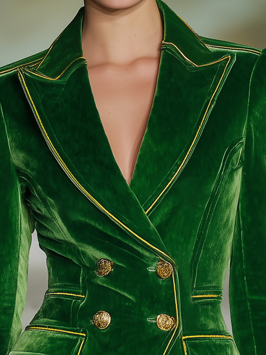Veste en Velours Vert Éclatante avec Boutons en Toile Dorée